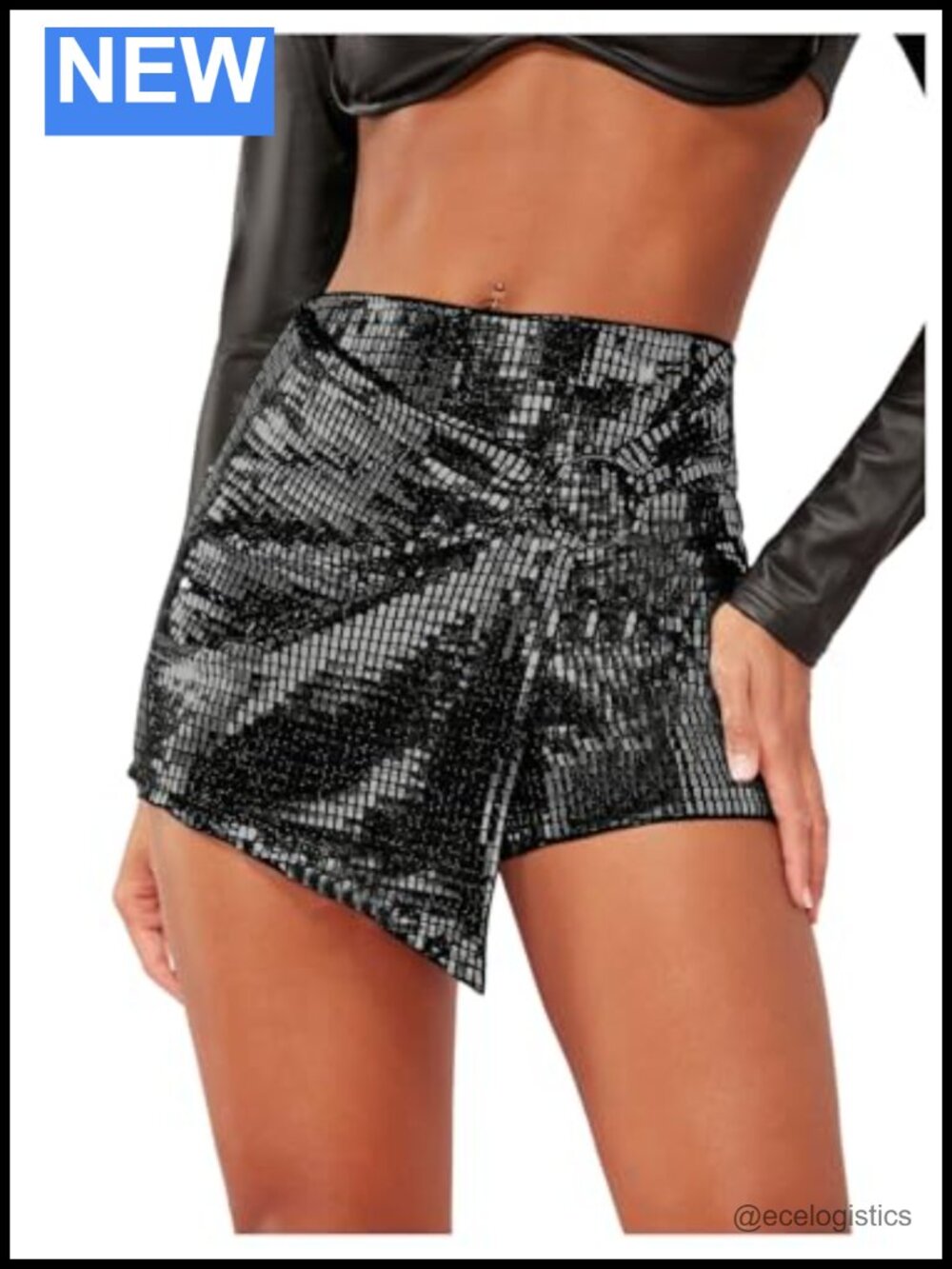 Women's Sequin Skort Metallic Ring Linked Wrap Front Sparkly High Rise Mini